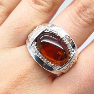 925 Sterling Silver Real White Diamond & Amber Pebble Ring Size 10